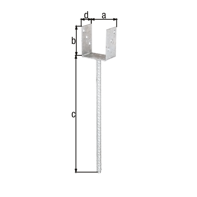 U post support with extra long concrete anchor made of riffle steel, Material: raw steel, Surface: hot-dip galvanised, for setting in concrete, Clear width: 91 mm, Height: 100 mm, Length of concrete anchor: 400 mm, Depth: 60 mm, Concrete anchor Ø: 16 mm, Material thickness: 4.00 mm, No. of holes: 6, Hole: Ø11 mm U post support with extra long concrete anchor made of riffle steel, Material: raw steel, Surface: hot-dip galvanised, for setting in concrete, Clear width: 91 mm, Height: 100 mm, Length of concrete anchor: 400 mm, Depth: 60 mm, Concrete anchor Ø: 16 mm, Material thickness: 4.00 mm, No. of holes: 6, Hole: Ø11 mm