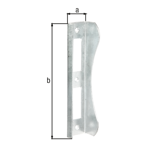 Anschlag für Tore mit Einsteckschloss, Material: Stahl roh, Oberfläche: feuerverzinkt, Breite: 37 mm, Höhe: 181 mm, für Rahmenstärke: 37 mm, Anzahl Löcher: 3, Loch: Ø6 mm Anschlag für Tore mit Einsteckschloss, Material: Stahl roh, Oberfläche: feuerverzinkt, Breite: 37 mm, Höhe: 181 mm, für Rahmenstärke: 37 mm, Anzahl Löcher: 3, Loch: Ø6 mm