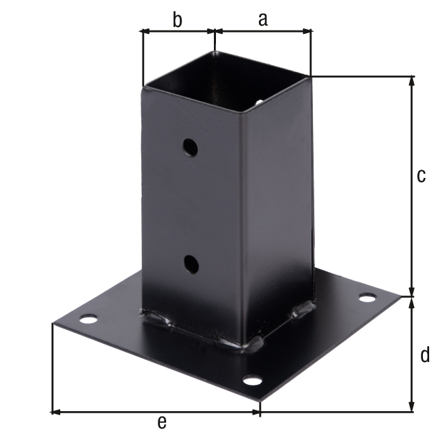 Anclaje sobre base para postes de madera cuadrados, Material: Acero crudo, Superficie: galvanizado, recubrimiento plástico en negro, Longitud de la maceta: 71 mm, Anchura de la maceta: 71 mm, Altura del tubo: 150 mm, Longitud de la pletina: 150 mm, Anchura de la pletina: 150 mm, Número de agujeros: 8, Perforación: Ø11 mm, 15 años de garantía contra la corrosión Anclaje sobre base para postes de madera cuadrados, Material: Acero crudo, Superficie: galvanizado, recubrimiento plástico en negro, Longitud de la maceta: 71 mm, Anchura de la maceta: 71 mm, Altura del tubo: 150 mm, Longitud de la pletina: 150 mm, Anchura de la pletina: 150 mm, Número de agujeros: 8, Perforación: Ø11 mm, 15 años de garantía contra la corrosión