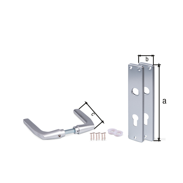 Béquilles pour serrures à mortaises, Matériau: Aluminium, Finition: couleur argent, anodisée, Contenu par UV: 1 Paire, Hauteur de la plaque longue: 220 mm, Largeur de la plaque longue: 40 mm, Largeur de la poignée de porte: 124 mm, Description de l'article: Trou pour cylindre européen Béquilles pour serrures à mortaises, Matériau: Aluminium, Finition: couleur argent, anodisée, Contenu par UV: 1 Paire, Hauteur de la plaque longue: 220 mm, Largeur de la plaque longue: 40 mm, Largeur de la poignée de porte: 124 mm, Description de l'article: Trou pour cylindre européen