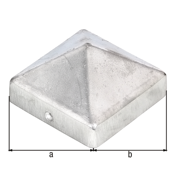 Capuchón para poste de madera, modelo alto, con agujeros para atornillar avellanados, Material: Fundición de aluminio, Superficie: bruto, Longitud: 70 mm, Anchura: 70 mm Capuchón para poste de madera, modelo alto, con agujeros para atornillar avellanados, Material: Fundición de aluminio, Superficie: bruto, Longitud: 70 mm, Anchura: 70 mm