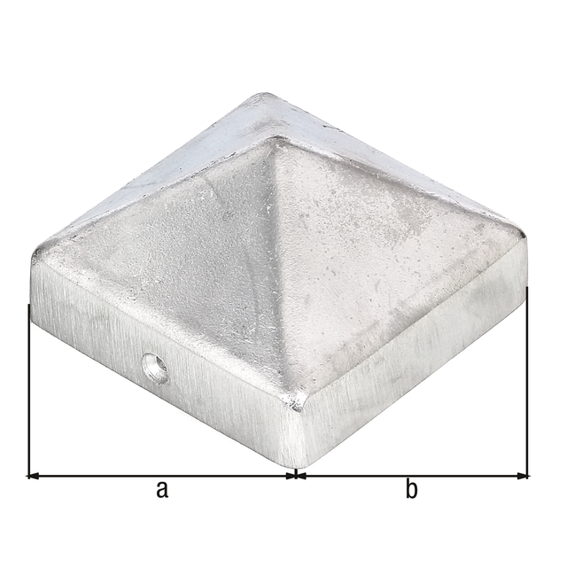Capuchón para poste de madera, modelo alto, con agujeros para atornillar avellanados, Material: Fundición de aluminio, Superficie: bruto, Longitud: 70 mm, Anchura: 70 mm Capuchón para poste de madera, modelo alto, con agujeros para atornillar avellanados, Material: Fundición de aluminio, Superficie: bruto, Longitud: 70 mm, Anchura: 70 mm