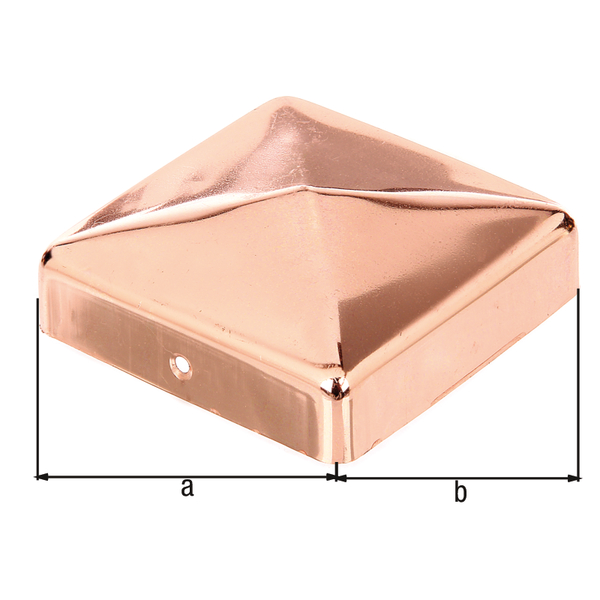 Pfostenkappe für Holzpfosten, eckig, mit versenkten Schraublöchern, flache Form, Material: Kupfer, Oberfläche: zaponiert (Korrosionsschutz durch Klarlack), Länge: 90 mm, Breite: 90 mm