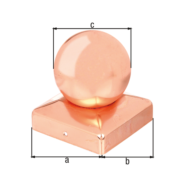Copripalo per pali in legno, con sfera, con fori per viti incassate, Materiale: rame, superficie: con vernice zapon (vernice incolore anticorrosione), lunghezza: 90 mm, Larghezza: 90 mm, Ø palla: 80 mm