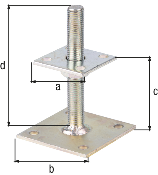 Staffa porta palo ad I, modello regolabile in altezza, Materiale: acciaio grezzo, superficie: galvanizzata, passivata a strato spesso, da avvitare, Lunghezza del pannello superiore: 70 mm, Lunghezza e larghezza piastra inferiore: 100 mm, Altezza da terra: 30 - 150 mm, Lunghezza della filettatura: 150 mm, Spessore del materiale: 5,00 mm, Filettatura: M20, Numero di fori: 8, Foro: Ø11 mm Staffa porta palo ad I, modello regolabile in altezza, Materiale: acciaio grezzo, superficie: galvanizzata, passivata a strato spesso, da avvitare, Lunghezza del pannello superiore: 70 mm, Lunghezza e larghezza piastra inferiore: 100 mm, Altezza da terra: 30 - 150 mm, Lunghezza della filettatura: 150 mm, Spessore del materiale: 5,00 mm, Filettatura: M20, Numero di fori: 8, Foro: Ø11 mm