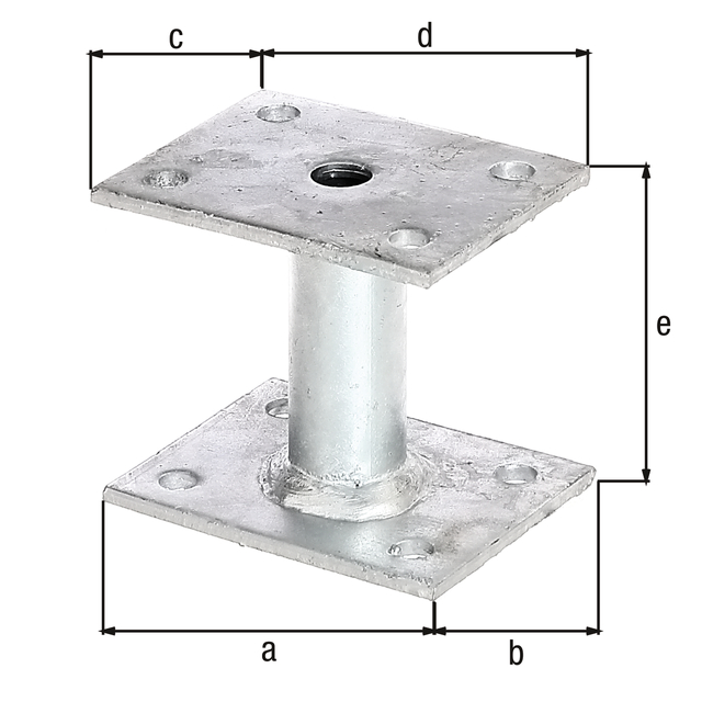 Post support, Material: raw steel, Surface: hot-dip galvanised, for screwing on, Plate length at bottom: 90 mm, Plate width at bottom: 70 mm, Plate length at top: 70 mm, Plate width at bottom: 90 mm, Distance inside edge top plate - inside edge bottom plate: 78 mm, Plate thickness: 4 mm, Tube Ø: 27 mm, No. of holes: 8, Hole: Ø9 mm, 15-year warranty against rusting through Post support, Material: raw steel, Surface: hot-dip galvanised, for screwing on, Plate length at bottom: 90 mm, Plate width at bottom: 70 mm, Plate length at top: 70 mm, Plate width at bottom: 90 mm, Distance inside edge top plate - inside edge bottom plate: 78 mm, Plate thickness: 4 mm, Tube Ø: 27 mm, No. of holes: 8, Hole: Ø9 mm, 15-year warranty against rusting through