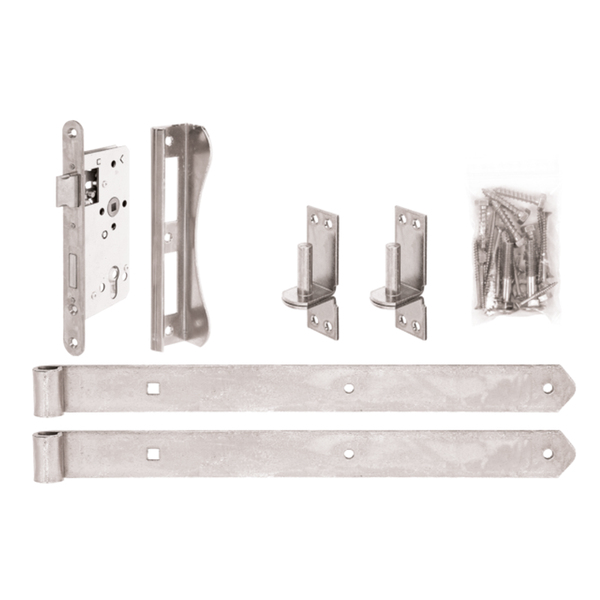Garden gate fitting set for single frame gates, with countersunk screw holes, Material: raw steel, Surface: yellow galvanised Garden gate fitting set for single frame gates, with countersunk screw holes, Material: raw steel, Surface: yellow galvanised