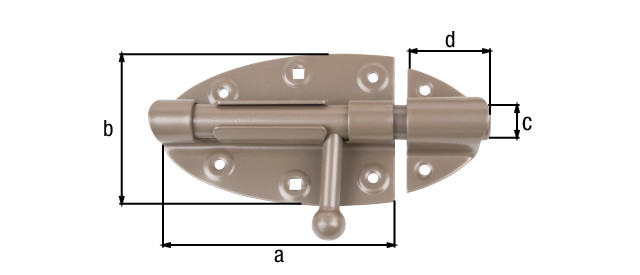 DURAVIS® Bolt lock with round handle, with countersunk screw holes, Material: steel, blue galvanised, Surface: pearl beige duplex-coated RAL 1035, Plate length: 112 mm, Plate width: 72 mm, Bolt-Ø: 16 mm, Loop width: 36 mm, No. of holes: 4 / 2 / 2, Hole: Ø5 / 5 x 5 / Ø5 mm, 20-year warranty against rusting through, CutCase DURAVIS® Bolt lock with round handle, with countersunk screw holes, Material: steel, blue galvanised, Surface: pearl beige duplex-coated RAL 1035, Plate length: 112 mm, Plate width: 72 mm, Bolt-Ø: 16 mm, Loop width: 36 mm, No. of holes: 4 / 2 / 2, Hole: Ø5 / 5 x 5 / Ø5 mm, 20-year warranty against rusting through, CutCase