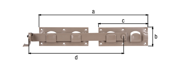 DURAVIS® Double gate hasp, with countersunk screw holes, Material: steel, blue galvanised, Surface: pearl beige duplex-coated RAL 1035, individual parts attached with cable ties, Length: 423 mm, Plate length: 180 mm, Plate width: 70 mm, Length of hasp: 333 mm, No. of holes: 12, Hole: Ø5 mm, 20-year warranty against rusting through DURAVIS® Double gate hasp, with countersunk screw holes, Material: steel, blue galvanised, Surface: pearl beige duplex-coated RAL 1035, individual parts attached with cable ties, Length: 423 mm, Plate length: 180 mm, Plate width: 70 mm, Length of hasp: 333 mm, No. of holes: 12, Hole: Ø5 mm, 20-year warranty against rusting through
