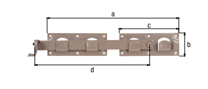 DURAVIS® Double gate hasp, with countersunk screw holes, Material: steel, blue galvanised, Surface: pearl beige duplex-coated RAL 1035, individual parts attached with cable ties, Length: 423 mm, Plate length: 180 mm, Plate width: 70 mm, Length of hasp: 333 mm, No. of holes: 12, Hole: Ø5 mm, 20-year warranty against rusting through DURAVIS® Double gate hasp, with countersunk screw holes, Material: steel, blue galvanised, Surface: pearl beige duplex-coated RAL 1035, individual parts attached with cable ties, Length: 423 mm, Plate length: 180 mm, Plate width: 70 mm, Length of hasp: 333 mm, No. of holes: 12, Hole: Ø5 mm, 20-year warranty against rusting through