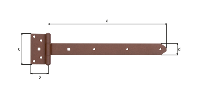 DURAVIS® Kreuzgehänge, mit vernietetem Stift, Material: Stahl, blau verzinkt, Oberfläche: rostbraun duplexbeschichtet, Bandlänge: 391 mm, Scharnierbreite: 59 mm, Scharnierlänge: 103 mm, Bandbreite: 40 mm, Materialstärke: 3,50 mm, Anzahl Löcher: 7 / 2, Loch: Ø6,5 / 9 x 9 mm, 20 Jahre Garantie gegen Durchrosten