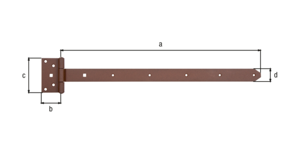 DURAVIS® Kreuzgehänge, mit vernietetem Stift, Material: Stahl, blau verzinkt, Oberfläche: rostbraun duplexbeschichtet, Bandlänge: 591 mm, Scharnierbreite: 59 mm, Scharnierlänge: 103 mm, Bandbreite: 40 mm, Materialstärke: 3,50 mm, Anzahl Löcher: 9 / 2, Loch: Ø6,5 / 9 x 9 mm, 20 Jahre Garantie gegen Durchrosten