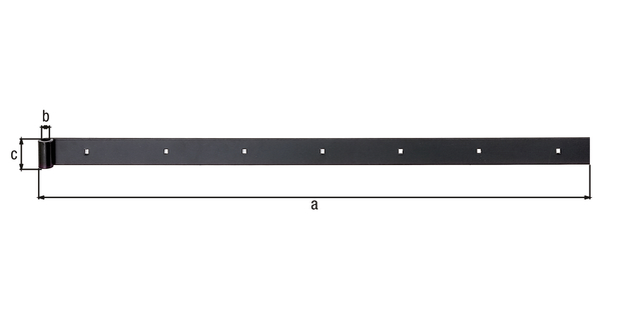 Bandella, modello diritto, estremità diritta, Materiale: acciaio grezzo, superficie: plastificata nera, lunghezza: 1000 mm, Rotolo-Ø: 16 mm, Larghezza: 40 mm, Spessore del materiale: 5,00 mm, Numero di fori: 7, Foro: 7,5 x 7,5 mm, 15 anni di garanzia contro la formazione di ruggine Bandella, modello diritto, estremità diritta, Materiale: acciaio grezzo, superficie: plastificata nera, lunghezza: 1000 mm, Rotolo-Ø: 16 mm, Larghezza: 40 mm, Spessore del materiale: 5,00 mm, Numero di fori: 7, Foro: 7,5 x 7,5 mm, 15 anni di garanzia contro la formazione di ruggine
