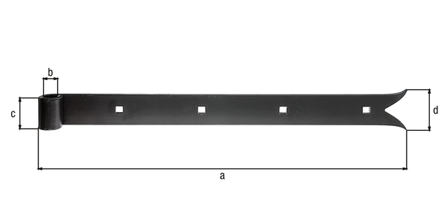 Penture bout queue de carpe, Matériau: Acier brut, Finition: plastifiée noire, Longueur: 400 mm, ø gond: 14 mm, Largeur: 35 mm, Largeur de la queue de la carpe: 45 mm, Nombre de trous: 4, Trou: 7,5 x 7,5 mm