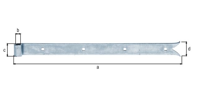 Penture bout queue de carpe, Matériau: Acier brut, Finition: zinguée, Longueur: 500 mm, ø gond: 14 mm, Largeur: 35 mm, Largeur de la queue de la carpe: 45 mm, Nombre de trous: 4, Trou: 7,5 x 7,5 mm