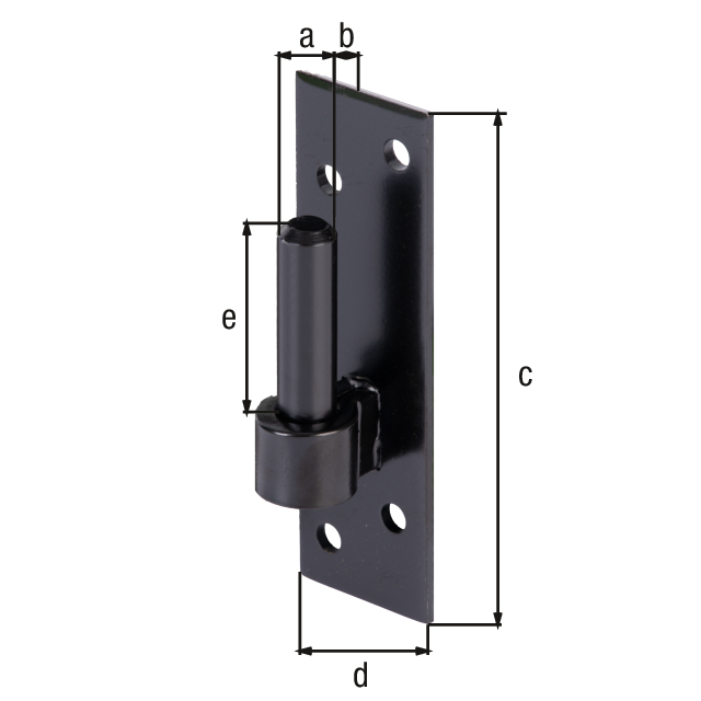 Cardine su piastra DI, Materiale: acciaio grezzo, superficie: verniciata nera, Entrata-Ø: 14 mm, Distanza spina-piastra: 12 mm, Altezza piastra: 130 mm, Larghezza piastra: 40 mm, Lunghezza spina: 45 mm, Spessore del materiale: 4,00 mm, Numero di fori: 4, Foro: Ø7 mm Cardine su piastra DI, Materiale: acciaio grezzo, superficie: verniciata nera, Entrata-Ø: 14 mm, Distanza spina-piastra: 12 mm, Altezza piastra: 130 mm, Larghezza piastra: 40 mm, Lunghezza spina: 45 mm, Spessore del materiale: 4,00 mm, Numero di fori: 4, Foro: Ø7 mm