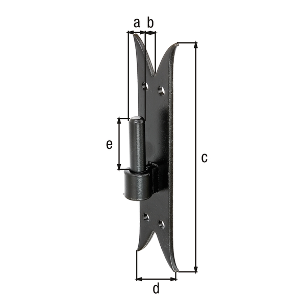 Skobel na płytce, typ DI, Zakończenie ozdobne, materiał: stal surowa, powierzchnia: nanoszony elektroforetycznie czarny lakier zanurzeniowy, Rozmiar trzpienia-Ø: 14 mm, Odstęp trzpień – płyta: 11 mm, Wysokość płyty: 205 mm, Szerokość płyty: 54 mm, Długość trzpienia: 45 mm, Grubość materiału: 5,00 mm, Ilość otworów: 4, Otwór: Ø8 mm
