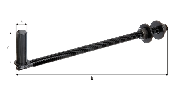 Gond poteau, Matériau: Acier brut, Finition: laquée noire par immersion cataphorèse, Distance axe-Ø: 16 mm, Longueur: 290 mm, Longueur du mandrin: 55 mm, Filetage: M12 Gond poteau, Matériau: Acier brut, Finition: laquée noire par immersion cataphorèse, Distance axe-Ø: 16 mm, Longueur: 290 mm, Longueur du mandrin: 55 mm, Filetage: M12