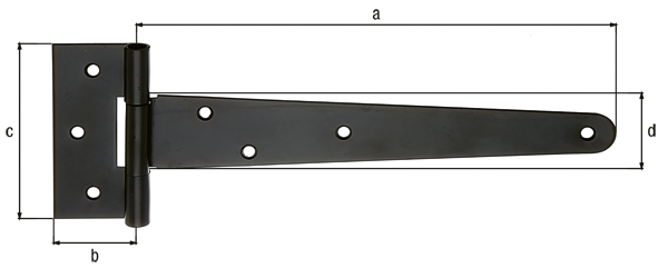 Tee hinge, with countersunk screw holes, with loose pin, Material: raw steel, Surface: black cataphoretic coating, Belt length: 248 mm, Hinge width: 40 mm, Hinge length: 90 mm, Belt width: 46 mm, Material thickness: 1.80 mm, No. of holes: 7, Hole: Ø6 mm Tee hinge, with countersunk screw holes, with loose pin, Material: raw steel, Surface: black cataphoretic coating, Belt length: 248 mm, Hinge width: 40 mm, Hinge length: 90 mm, Belt width: 46 mm, Material thickness: 1.80 mm, No. of holes: 7, Hole: Ø6 mm