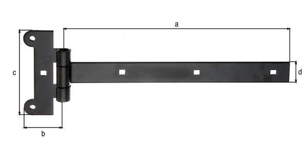 Tee hinge, with press-fitted pin, Material: raw steel, Surface: black cataphoretic coating, Belt length: 291 mm, Hinge width: 45 mm, Hinge length: 115 mm, Belt width: 30 mm, Material thickness: 4.00 mm, No. of holes: 2 / 4, Hole: Ø6.8 / 7.5 x 7.5 mm Tee hinge, with press-fitted pin, Material: raw steel, Surface: black cataphoretic coating, Belt length: 291 mm, Hinge width: 45 mm, Hinge length: 115 mm, Belt width: 30 mm, Material thickness: 4.00 mm, No. of holes: 2 / 4, Hole: Ø6.8 / 7.5 x 7.5 mm