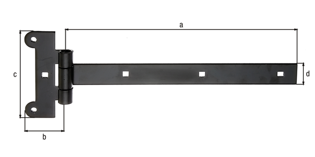 Tee hinge, with press-fitted pin, Material: raw steel, Surface: black cataphoretic coating, Belt length: 291 mm, Hinge width: 45 mm, Hinge length: 115 mm, Belt width: 30 mm, Material thickness: 4.00 mm, No. of holes: 2 / 4, Hole: Ø6.8 / 7.5 x 7.5 mm Tee hinge, with press-fitted pin, Material: raw steel, Surface: black cataphoretic coating, Belt length: 291 mm, Hinge width: 45 mm, Hinge length: 115 mm, Belt width: 30 mm, Material thickness: 4.00 mm, No. of holes: 2 / 4, Hole: Ø6.8 / 7.5 x 7.5 mm