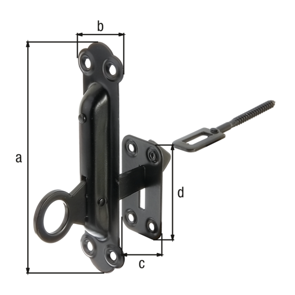 Arrêt de volet avec platine de fixation, avec trous de vis fraisés, Matériau: Acier brut, Finition: phosphatée au zinc, plastifiée noire, Hauteur: 150 mm, Largeur: 38 mm, Largeur de platine: 37 mm, Hauteur du panneau: 37 mm, Filetage-Ø: 6 mm, Longueur filetée: 21 mm, Nombre de trous: 8, Trou: Ø5 mm, CutCase Arrêt de volet avec platine de fixation, avec trous de vis fraisés, Matériau: Acier brut, Finition: phosphatée au zinc, plastifiée noire, Hauteur: 150 mm, Largeur: 38 mm, Largeur de platine: 37 mm, Hauteur du panneau: 37 mm, Filetage-Ø: 6 mm, Longueur filetée: 21 mm, Nombre de trous: 8, Trou: Ø5 mm, CutCase