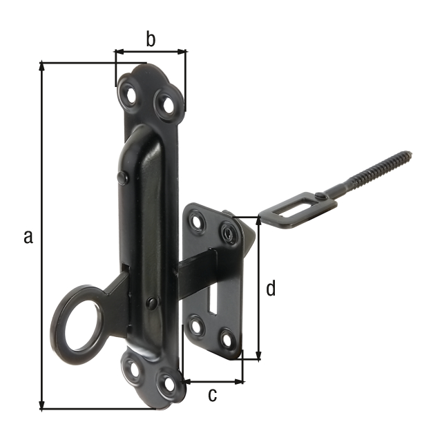 Window shutter lock, fastening with plate, with countersunk screw holes, Material: raw steel, Surface: zinc phosphate plated, black powder-coated, Height: 150 mm, Width: 38 mm, Plate width: 37 mm, Plate length: 37 mm, Thread-Ø: 6 mm, Thread length: 21 mm, No. of holes: 8, Hole: Ø5 mm, CutCase Window shutter lock, fastening with plate, with countersunk screw holes, Material: raw steel, Surface: zinc phosphate plated, black powder-coated, Height: 150 mm, Width: 38 mm, Plate width: 37 mm, Plate length: 37 mm, Thread-Ø: 6 mm, Thread length: 21 mm, No. of holes: 8, Hole: Ø5 mm, CutCase