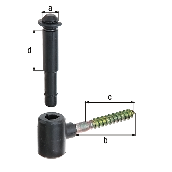 Gozne para atornillar, Material: Tornillo para madera: acero crudo, piezas restantes: PVC duro, Superficie: Tornillo para madera: galvanizado, piezas restantes: negro, Ø Entre eje: 14 mm, Longitud: 75 mm, Longitud de la rosca: 50 mm, Longitud del eje: 40 mm, Ø del roscado de madera: 10 mm Gozne para atornillar, Material: Tornillo para madera: acero crudo, piezas restantes: PVC duro, Superficie: Tornillo para madera: galvanizado, piezas restantes: negro, Ø Entre eje: 14 mm, Longitud: 75 mm, Longitud de la rosca: 50 mm, Longitud del eje: 40 mm, Ø del roscado de madera: 10 mm