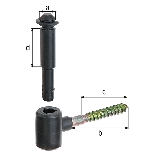 Gond à visser, Matériau: Vis à bois : acier brut, autres pièces : PVC rigide, Finition: Vis à bois : zinguée, autres pièces : noires, Distance axe-Ø: 14 mm, Longueur: 75 mm, Longueur filetée: 50 mm, Longueur axe: 40 mm, Filetage à bois-Ø: 10 mm Gond à visser, Matériau: Vis à bois : acier brut, autres pièces : PVC rigide, Finition: Vis à bois : zinguée, autres pièces : noires, Distance axe-Ø: 14 mm, Longueur: 75 mm, Longueur filetée: 50 mm, Longueur axe: 40 mm, Filetage à bois-Ø: 10 mm