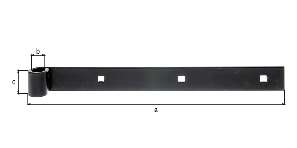 Band hook, straight, straight end, Material: raw steel, Surface: black powder-coated, Length: 300 mm, Roller dia.: 14 mm, Width: 30 mm, Material thickness: 4.00 mm, No. of holes: 3, Hole: 7.5 x 7.5 mm, 15-year warranty against rusting through Band hook, straight, straight end, Material: raw steel, Surface: black powder-coated, Length: 300 mm, Roller dia.: 14 mm, Width: 30 mm, Material thickness: 4.00 mm, No. of holes: 3, Hole: 7.5 x 7.5 mm, 15-year warranty against rusting through