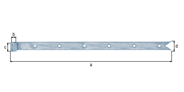 Penture bout queue de carpe, Matériau: Acier brut, Finition: zinguée, Longueur: 1000 mm, ø gond: 16 mm, Largeur: 40 mm, Largeur de la queue de la carpe: 55 mm, Épaisseur du matériau: 5,00 mm, Nombre de trous: 7, Trou: 7,5 x 7,5 mm