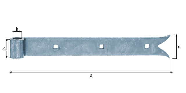 Penture bout queue de carpe, Matériau: Acier brut, Finition: zinguée, Longueur: 300 mm, ø gond: 14 mm, Largeur: 35 mm, Largeur de la queue de la carpe: 45 mm, Nombre de trous: 3, Trou: 7,5 x 7,5 mm