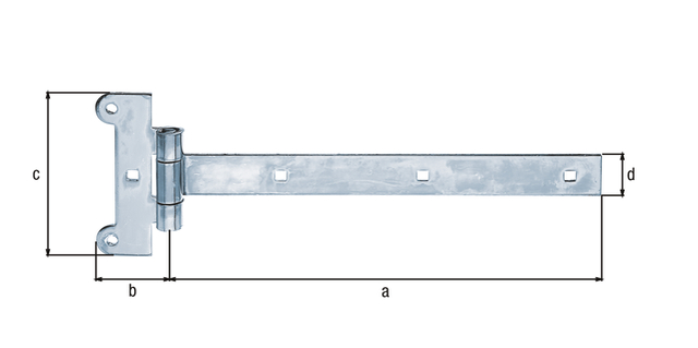 Penture anglaise, avec l'axe pressé, Matériau: Acier brut, Finition: zinguée, Longueur de penture: 291 mm, Largeur de charnière: 45 mm, Longueur de charnière: 115 mm, Largeur de penture: 30 mm, Épaisseur du matériau: 4,00 mm, Nombre de trous: 2 / 4, Trou: Ø6,8 / 7,5 x 7,5 mm
