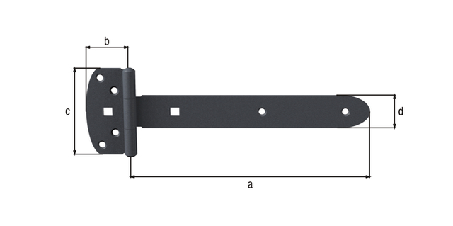 Ovado Tee hinge, with riveted pin, with countersunk screw holes, Material: steel, Surface: galvanised, graphite grey powder-coated, Belt length: 242 mm, Hinge width: 45 mm, Hinge length: 90 mm, Belt width: 34 mm, Material thickness: 2.50 mm, No. of holes: 6 / 2, Hole: Ø6.5 / 9 x 9 mm, CutCase Ovado Tee hinge, with riveted pin, with countersunk screw holes, Material: steel, Surface: galvanised, graphite grey powder-coated, Belt length: 242 mm, Hinge width: 45 mm, Hinge length: 90 mm, Belt width: 34 mm, Material thickness: 2.50 mm, No. of holes: 6 / 2, Hole: Ø6.5 / 9 x 9 mm, CutCase