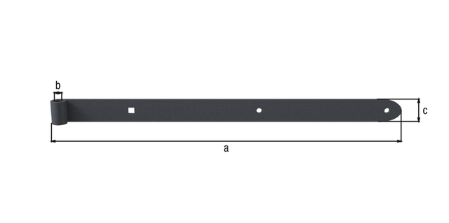 Penture Ovado droite bout arrondi, Matériau: Acier, Finition: zinguée, plastifiée gris graphite, Longueur: 600 mm, ø gond: 16 mm, Largeur: 40 mm, Épaisseur du matériau: 5,00 mm, Nombre de trous: 2 / 1, Trou: Ø9 / 11 x 11 mm