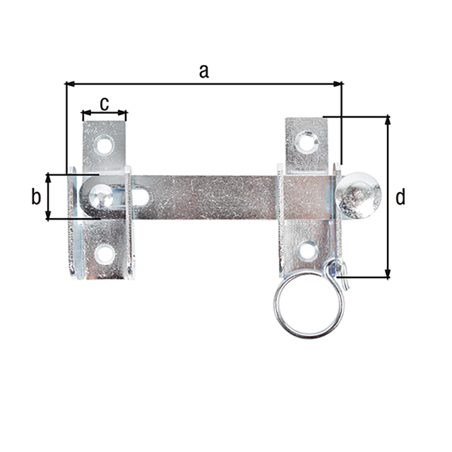 Fermeture de volet fléau avec dispositif anti-soulèvement, avec trous de vis fraisés, Matériau: Acier brut, Finition: zinguée, Longueur totale: 120 mm, Largeur de jetée: 18 mm, Largeur platine à visser: 18 mm, Longueur platine à visser: 65 mm, Nombre de trous: 4, Trou: Ø6 mm, Article France Fermeture de volet fléau avec dispositif anti-soulèvement, avec trous de vis fraisés, Matériau: Acier brut, Finition: zinguée, Longueur totale: 120 mm, Largeur de jetée: 18 mm, Largeur platine à visser: 18 mm, Longueur platine à visser: 65 mm, Nombre de trous: 4, Trou: Ø6 mm, Article France