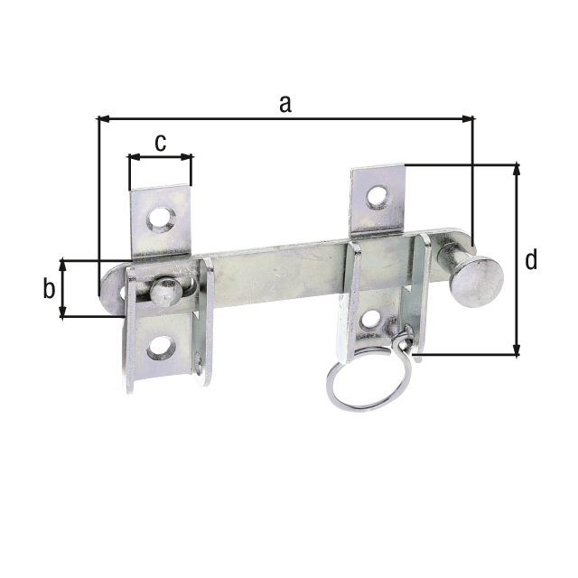 Shutter hasp with locking device, with countersunk screw holes, Material: raw steel, Surface: galvanised, thick-film passivated, Total length: 120 mm, Hasp width: 18 mm, Width of screw-on plate: 18 mm, Length of screw-on plate: 65 mm, No. of holes: 4, Hole: Ø6 mm Shutter hasp with locking device, with countersunk screw holes, Material: raw steel, Surface: galvanised, thick-film passivated, Total length: 120 mm, Hasp width: 18 mm, Width of screw-on plate: 18 mm, Length of screw-on plate: 65 mm, No. of holes: 4, Hole: Ø6 mm