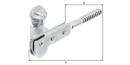 Window shutter stopper with decorative ornament, without stop, Material: raw steel, Surface: galvanised, thick-film passivated, for screwing in, max. window shutter thickness: 129 mm, Distance internal edge stop - external edge of wooden thread: 77 mm, Wooden thread Ø: 9 x 60 mm Window shutter stopper with decorative ornament, without stop, Material: raw steel, Surface: galvanised, thick-film passivated, for screwing in, max. window shutter thickness: 129 mm, Distance internal edge stop - external edge of wooden thread: 77 mm, Wooden thread Ø: 9 x 60 mm