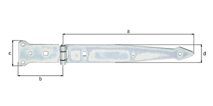 Werfgehänge, mit vernietetem Stift, Material: Stahl roh, Oberfläche: galvanisch verzinkt, Dickschichtschutz, Bandlänge: 300 mm, Scharnierbreite: 101 mm, Scharnierlänge: 63 mm, Bandbreite: 45 mm, Ausführung: schwer, Materialstärke: 3,20 mm, Anzahl Löcher: 5 / 2, Loch: Ø6 / 9 x 9 mm Werfgehänge, mit vernietetem Stift, Material: Stahl roh, Oberfläche: galvanisch verzinkt, Dickschichtschutz, Bandlänge: 300 mm, Scharnierbreite: 101 mm, Scharnierlänge: 63 mm, Bandbreite: 45 mm, Ausführung: schwer, Materialstärke: 3,20 mm, Anzahl Löcher: 5 / 2, Loch: Ø6 / 9 x 9 mm