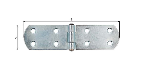 Charnière de malle, avec goupille rivetée, avec trous de vis fraisés, Matériau: Acier brut, Finition: zinguée, Longueur: 135 mm, Largeur: 35 mm, Épaisseur du matériau: 2,00 mm, Nombre de trous: 8, Trou: Ø5,5 mm, Article France