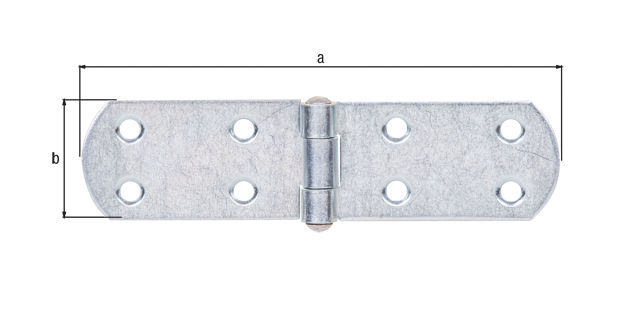 Kistenband, mit vernietetem Stift, mit versenkten Schraublöchern, Material: Stahl roh, Oberfläche: galvanisch verzinkt, Dickschichtschutz, Länge: 135 mm, Breite: 35 mm, Materialstärke: 2,00 mm, Anzahl Löcher: 8, Loch: Ø5,5 mm Kistenband, mit vernietetem Stift, mit versenkten Schraublöchern, Material: Stahl roh, Oberfläche: galvanisch verzinkt, Dickschichtschutz, Länge: 135 mm, Breite: 35 mm, Materialstärke: 2,00 mm, Anzahl Löcher: 8, Loch: Ø5,5 mm