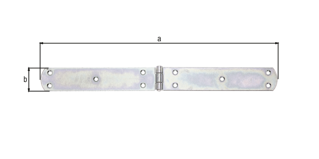 Charnière de malle, avec goupille rivetée, avec trous de vis fraisés, Matériau: Acier brut, Finition: galvanisée passivée, Longueur: 400 mm, Largeur: 40 mm, Épaisseur du matériau: 3,00 mm, Nombre de trous: 10, Trou: Ø6 mm