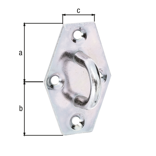Ojo sobre pletina, con agujeros para atornillar avellanados, Material: Acero crudo, Superficie: galvanizados, pasivado con capa gruesa, Longitud: 64 mm, Anchura: 41 mm, Número de agujeros: 4, Perforación: Ø4,5 mm Ojo sobre pletina, con agujeros para atornillar avellanados, Material: Acero crudo, Superficie: galvanizados, pasivado con capa gruesa, Longitud: 64 mm, Anchura: 41 mm, Número de agujeros: 4, Perforación: Ø4,5 mm