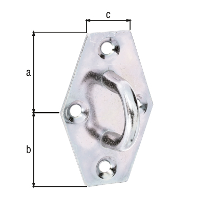 Eye plate, with countersunk screw holes, Material: raw steel, Surface: galvanised, thick-film passivated, Length: 64 mm, Width: 41 mm, No. of holes: 4, Hole: Ø4.5 mm Eye plate, with countersunk screw holes, Material: raw steel, Surface: galvanised, thick-film passivated, Length: 64 mm, Width: 41 mm, No. of holes: 4, Hole: Ø4.5 mm