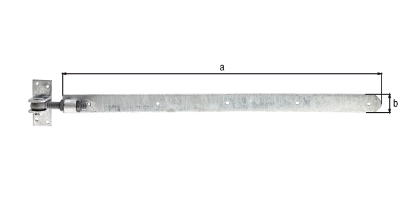 Ladenband, gerade, Abschluss abgerundet, verstellbar, Material: Stahl roh, Oberfläche: feuerverzinkt, Länge: 660 mm, Breite: 40 mm, verstellbar um: 30 mm, Gewinde: M16, Materialstärke: 5,00 mm, Anzahl Löcher: 4 / 1 / 4, Loch: Ø7 / 9 x 9 / Ø6 mm