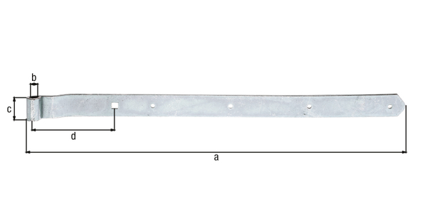 Ladenband, gekröpft, Abschluss abgerundet, Material: Stahl roh, Oberfläche: galvanisch verzinkt, Dickschichtschutz, Länge: 642 mm, Rollen-Ø: 13 mm, Breite: 40 mm, Abstand Mitte Rolle - Mitte Vierkantloch: 135 mm, Materialstärke: 5,00 mm, Anzahl Löcher: 4 / 1, Loch: Ø7 / 11 x 11 mm Ladenband, gekröpft, Abschluss abgerundet, Material: Stahl roh, Oberfläche: galvanisch verzinkt, Dickschichtschutz, Länge: 642 mm, Rollen-Ø: 13 mm, Breite: 40 mm, Abstand Mitte Rolle - Mitte Vierkantloch: 135 mm, Materialstärke: 5,00 mm, Anzahl Löcher: 4 / 1, Loch: Ø7 / 11 x 11 mm