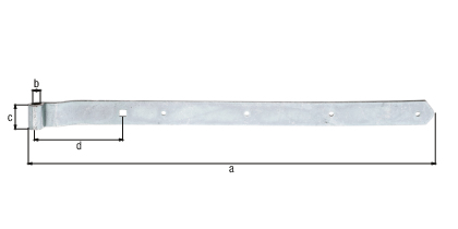 Penture contre-coudée bout arrondi, Matériau: Acier brut, Finition: galvanisée passivée, Longueur: 642 mm, ø gond: 13 mm, Largeur: 40 mm, Distance centre rouleau - centre trou carré: 135 mm, Épaisseur du matériau: 5,00 mm, Nombre de trous: 4 / 1, Trou: Ø7 / 11 x 11 mm Penture contre-coudée bout arrondi, Matériau: Acier brut, Finition: galvanisée passivée, Longueur: 642 mm, ø gond: 13 mm, Largeur: 40 mm, Distance centre rouleau - centre trou carré: 135 mm, Épaisseur du matériau: 5,00 mm, Nombre de trous: 4 / 1, Trou: Ø7 / 11 x 11 mm
