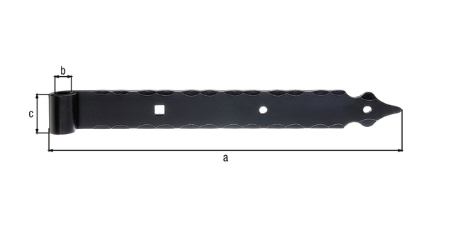 Ladenband, gerade, mit Zierspitze, Material: Stahl roh, Oberfläche: verzinkt, schwarz kunststoffbeschichtet, Länge: 400 mm, Rollen-Ø: 16 mm, Breite: 45 mm, Ausführung: gehämmert, Materialstärke: 6,00 mm, Anzahl Löcher: 2 / 1, Loch: Ø9 / 11 x 11 mm Ladenband, gerade, mit Zierspitze, Material: Stahl roh, Oberfläche: verzinkt, schwarz kunststoffbeschichtet, Länge: 400 mm, Rollen-Ø: 16 mm, Breite: 45 mm, Ausführung: gehämmert, Materialstärke: 6,00 mm, Anzahl Löcher: 2 / 1, Loch: Ø9 / 11 x 11 mm