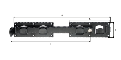 Catenaccio per cancelli a doppio battente, ferro battuto, con fori per viti incassate, Materiale: acciaio grezzo, superficie: zincata, plastificata nera, lunghezza totale: 423 mm, Lunghezza piastra: 180 mm, Larghezza piastra: 70 mm, Lunghezza catenaccio: 333 mm, Modello: martellato, Numero di fori: 12, Foro: Ø5 mm Catenaccio per cancelli a doppio battente, ferro battuto, con fori per viti incassate, Materiale: acciaio grezzo, superficie: zincata, plastificata nera, lunghezza totale: 423 mm, Lunghezza piastra: 180 mm, Larghezza piastra: 70 mm, Lunghezza catenaccio: 333 mm, Modello: martellato, Numero di fori: 12, Foro: Ø5 mm