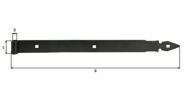 Zawias pasowy prosty z ozdobnym szpicem, materiał: stal surowa, powierzchnia: lakierowana na mokro, czarna, Długość: 395 mm, Średnica rolki: 14,5 mm, Szerokość: 45 mm, Grubość materiału: 4,00 mm, Liczba otworów: 2, Otwór: 10 x 10 mm, Polska